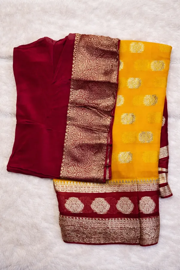 Yellow_Banarasi_Silk_Saree_With_Maroon_Border_And_Golden_Motifs