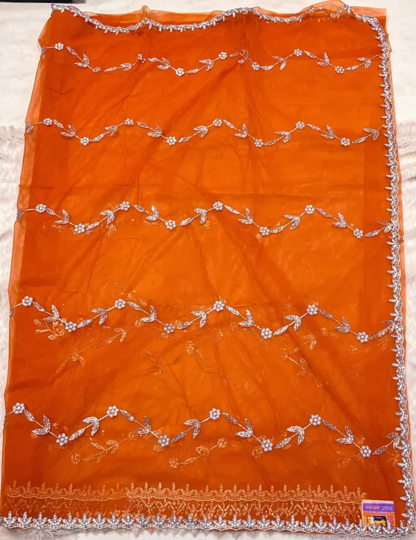 Orange_Embroidered_Saree_With_Silver_Sequin_Work