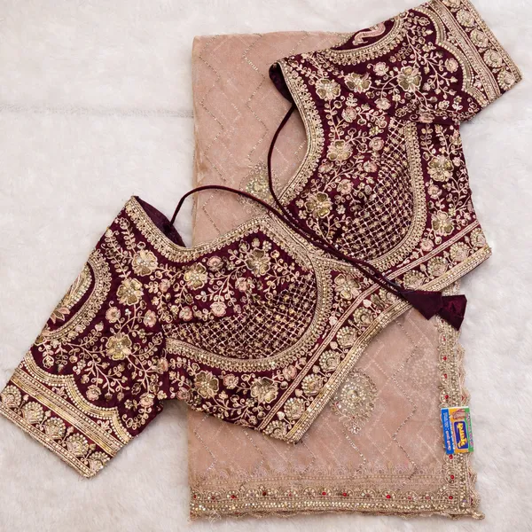 Designer_Embroidered_Saree_Blouse_With_Matching_Fabric_Maroon_And_Peach_Ethnic_Set