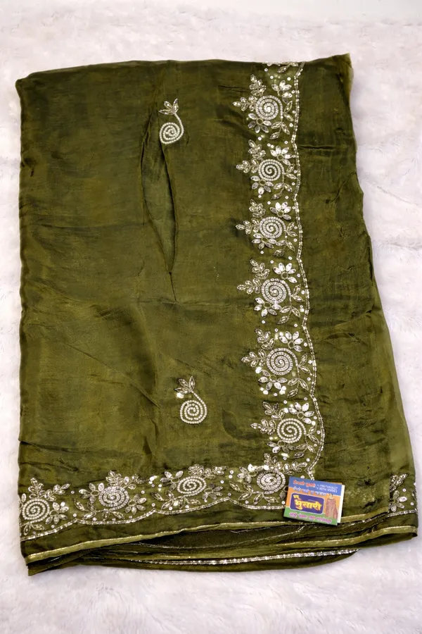 Olive_Green_Embroidered_Saree_With_Sequin_And_Spiral_Motif_Border
