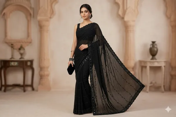 Elegant_Black_Sequin_Border_Georgette_Saree_With_Blouse_Piece