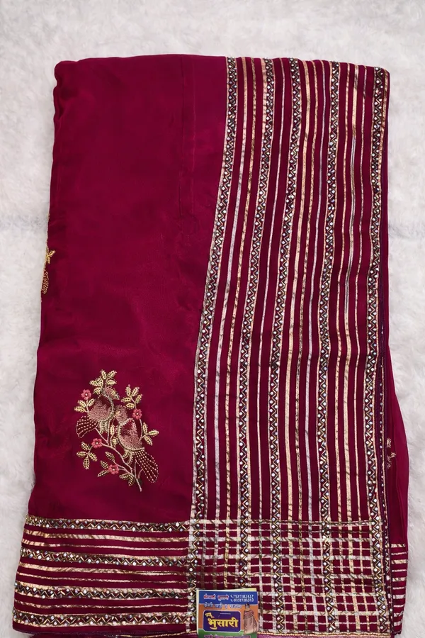 Maroon_Embroidered_Saree_With_Golden_Floral_Motifs_And_Striped_Border