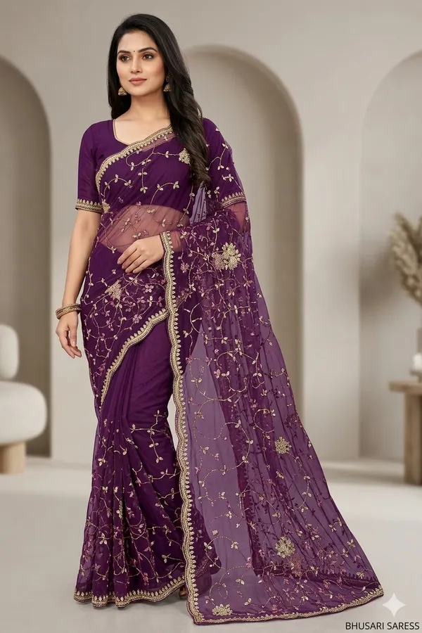 Purple_Embroidered_Net_Saree_With_Golden_Floral_Work_And_Border