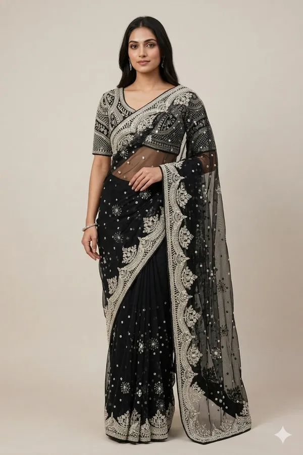 Black_Net_Saree_With_Silver_Embellished_Blouse