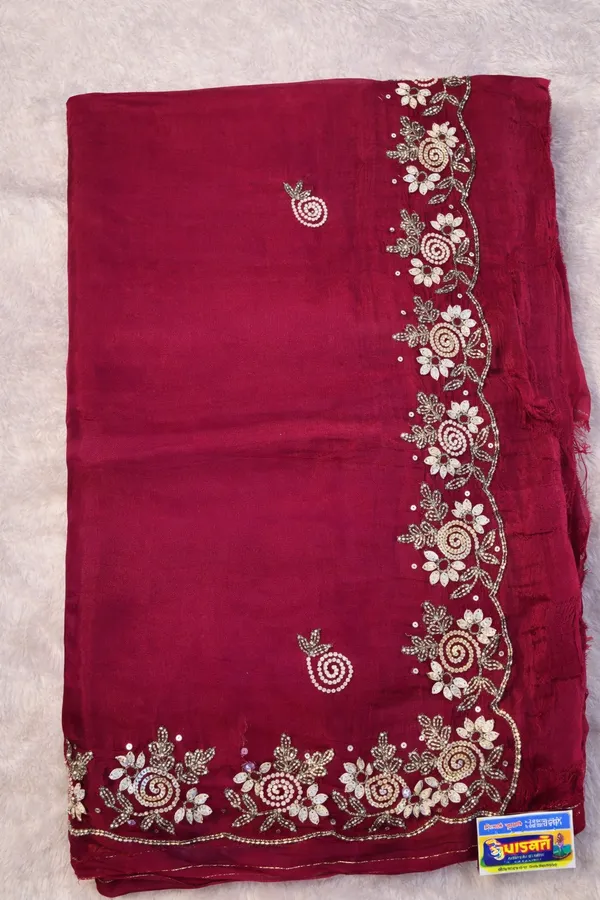Maroon_Embroidered_Saree_With_Golden_Floral_Border_Work