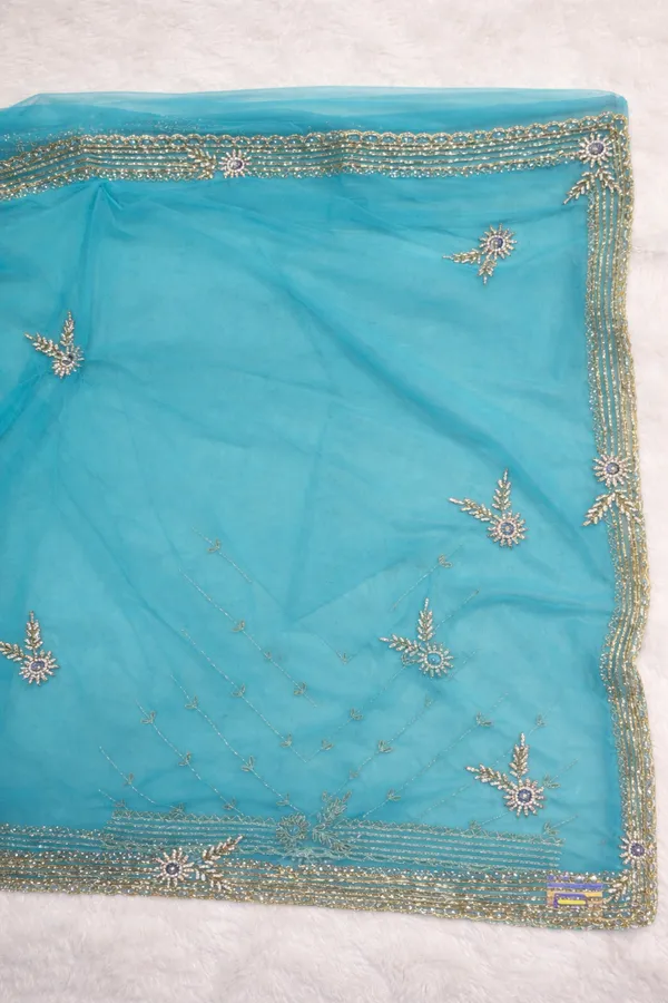 Turquoise_Embellished_Net_Saree_With_Golden_Floral_Work_And_Border