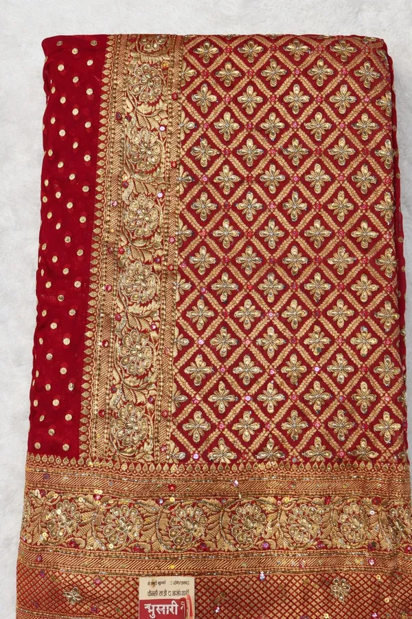 Red_Georgette_Sequin_Work_Saree_With_Golden_Zari_Border