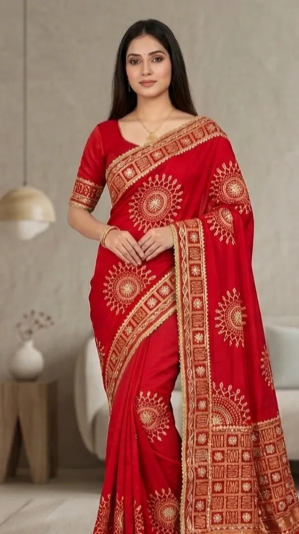 Red_Bandhani_Print_Saree_With_Gold_Embroidered_Border_And_Blouse