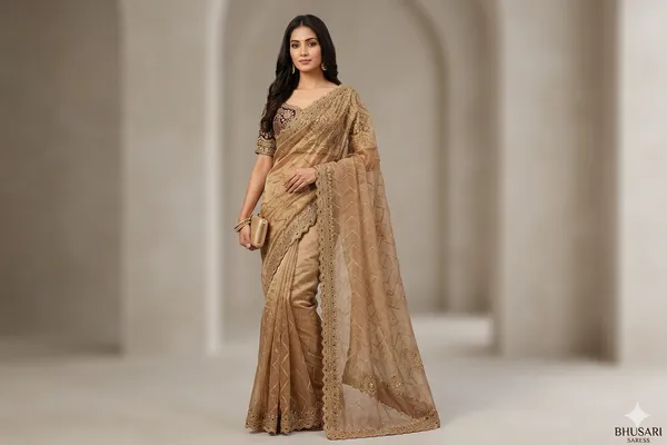 Golden_Beige_Embroidered_Net_Saree_With_Designer_Blouse