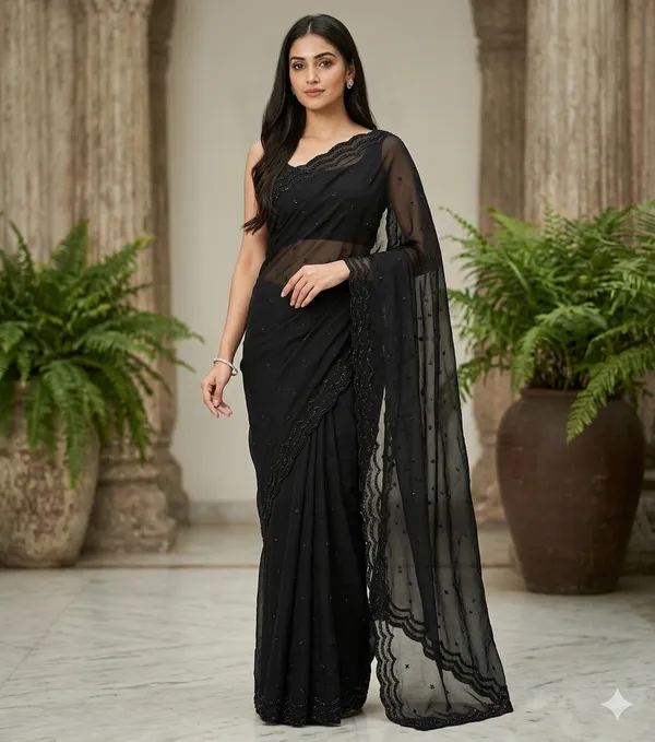 Black_Georgette_Saree_With_Embellished_Border_And_Sequin_Work