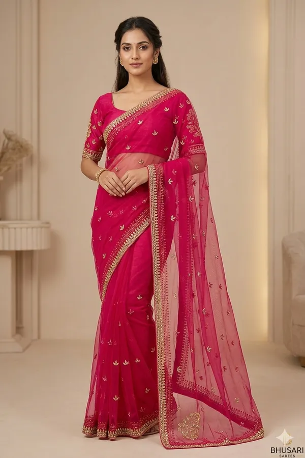 Pink_Embroidered_Net_Saree_With_Golden_Zari_Work_And_Floral_Motifs