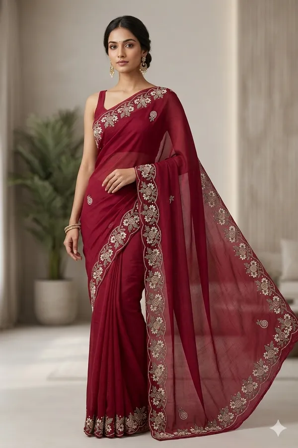 Maroon_Embroidered_Saree_With_Golden_Floral_Border_Work