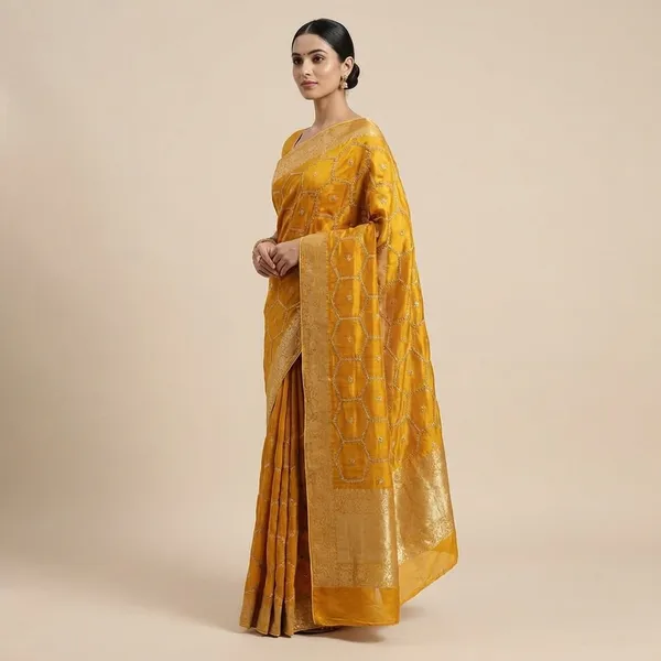 Mustard_Yellow_Embellished_Georgette_Saree_With_Silver_Sequin_Work