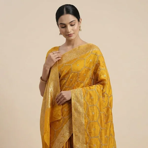 Mustard_Yellow_Embellished_Georgette_Saree_With_Silver_Sequin_Work