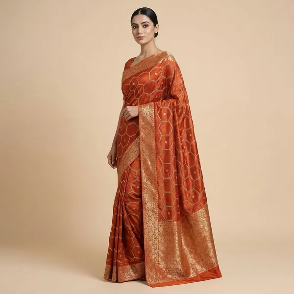 Rust_Orange_Georgette_Saree_With_Gota_Patti_Work_And_Woven_Border