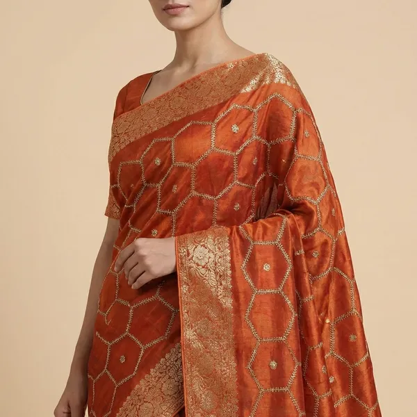 Rust_Orange_Georgette_Saree_With_Gota_Patti_Work_And_Woven_Border