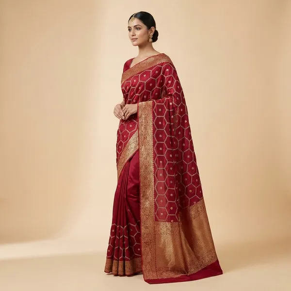 Maroon_Georgette_Saree_With_Golden_Embroidery_And_Zari_Border