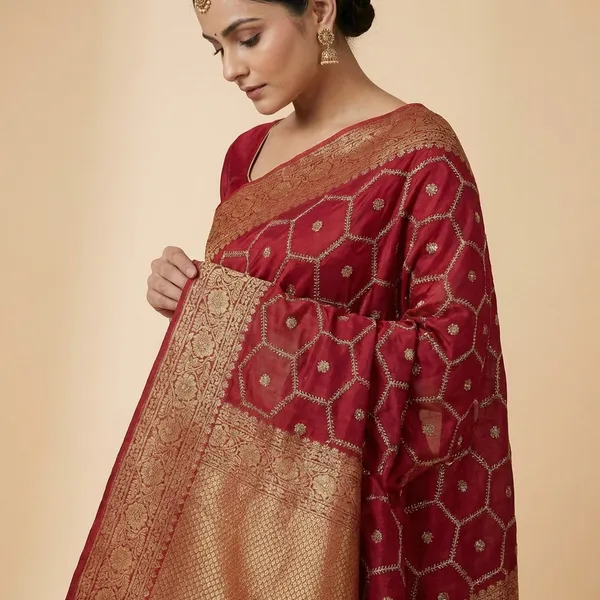 Maroon_Georgette_Saree_With_Golden_Embroidery_And_Zari_Border