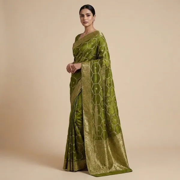 Elegant_Olive_Green_Velvet_Saree_With_Silver_Embroidery