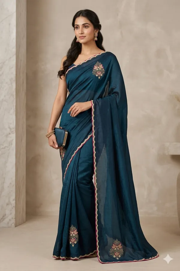 Elegant_Teal_Blue_Embroidered_Saree_With_Scalloped_Border