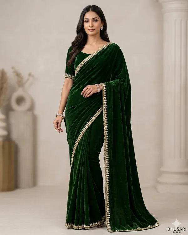 Dark_Green_Velvet_Saree_With_Embellished_Border