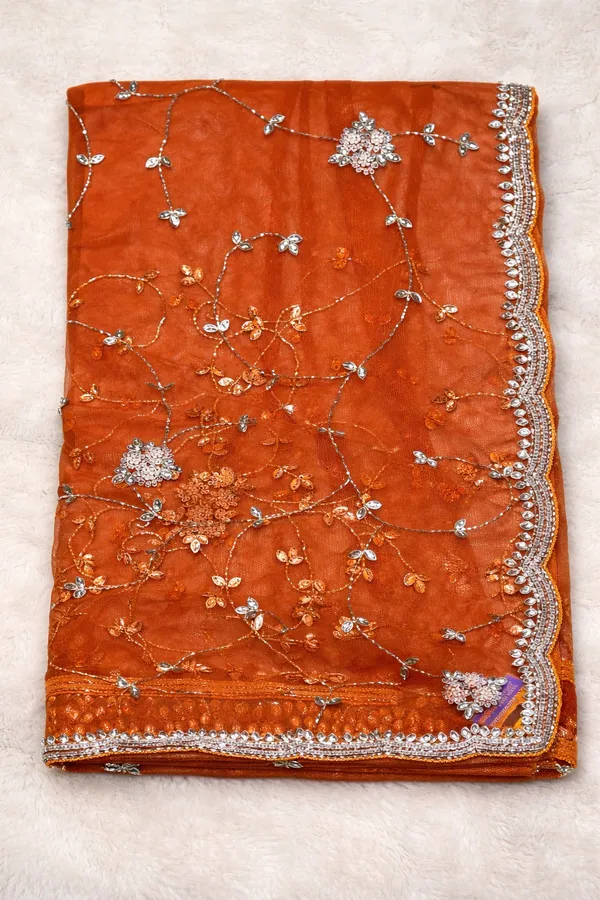 Orange_Embroidered_Net_Saree_With_Blouse_And_Saree