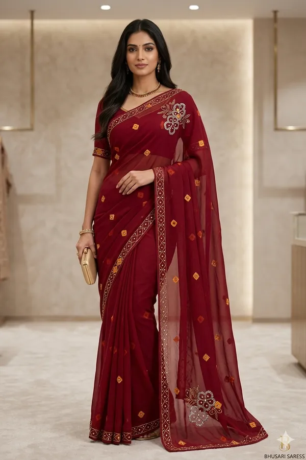 Maroon_Embroidered_Georgette_Saree_With_Golden_Butti_Work