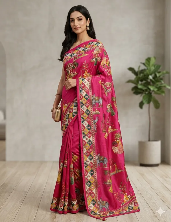 Magenta_Pink_Printed_Saree_With_Mughal_Motifs_And_Floral_Border