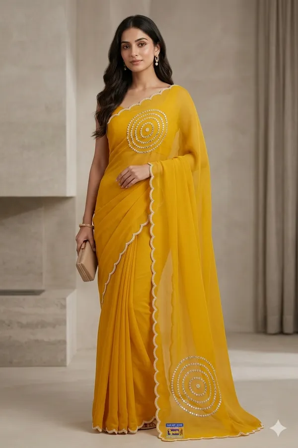 Yellow_Georgette_Saree_With_Scalloped_Border_And_Mirror_Work