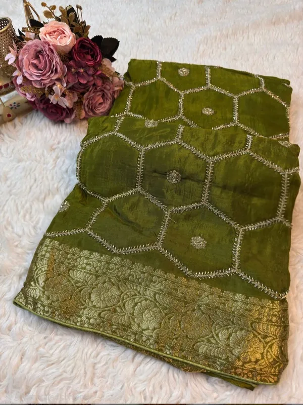 Elegant_Olive_Green_Velvet_Saree_With_Silver_Embroidery