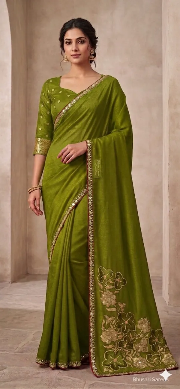 Mehendi_Green_Embroidered_Saree_With_Floral_Zari_Work_And_Sequin_Border