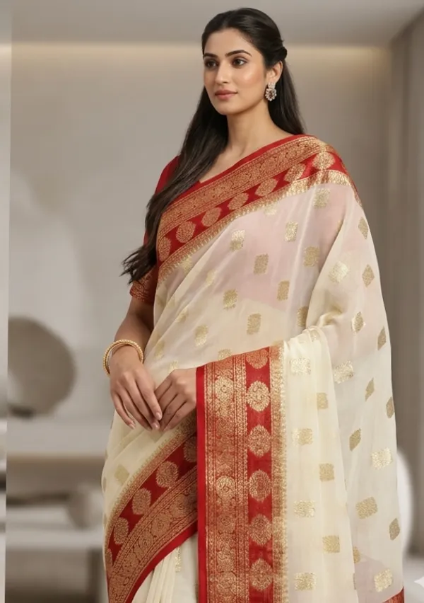 Off_White_Banarasi_Silk_Saree_With_Red_Zari_Border_And_Gold_Motifs