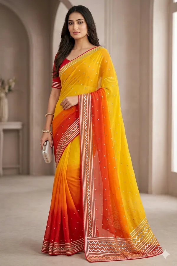 Yellow_To_Red_Ombre_Georgette_Saree_With_Embellished_Border_And_Mirror_Work