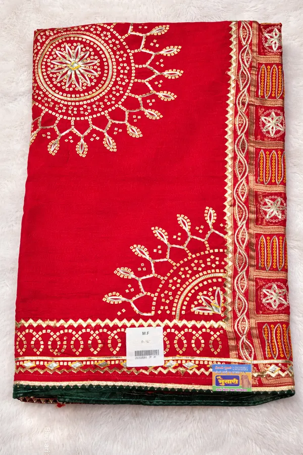 Red_Bandhani_Print_Saree_With_Gold_Embroidered_Border_And_Blouse