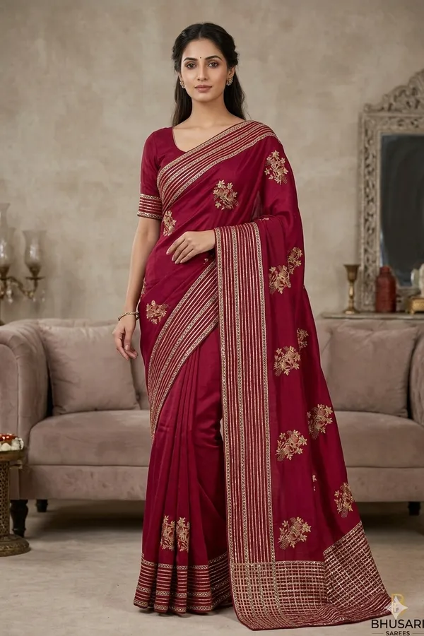 Maroon_Embroidered_Saree_With_Golden_Floral_Motifs_And_Striped_Border