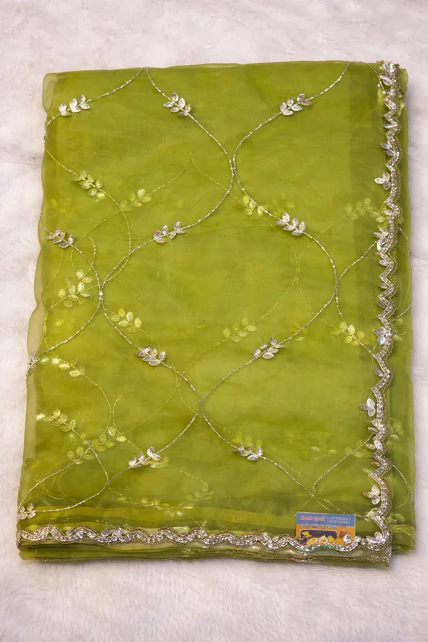 Olive_Green_Embroidered_Organza_Saree_With_Gota_Patti_Border