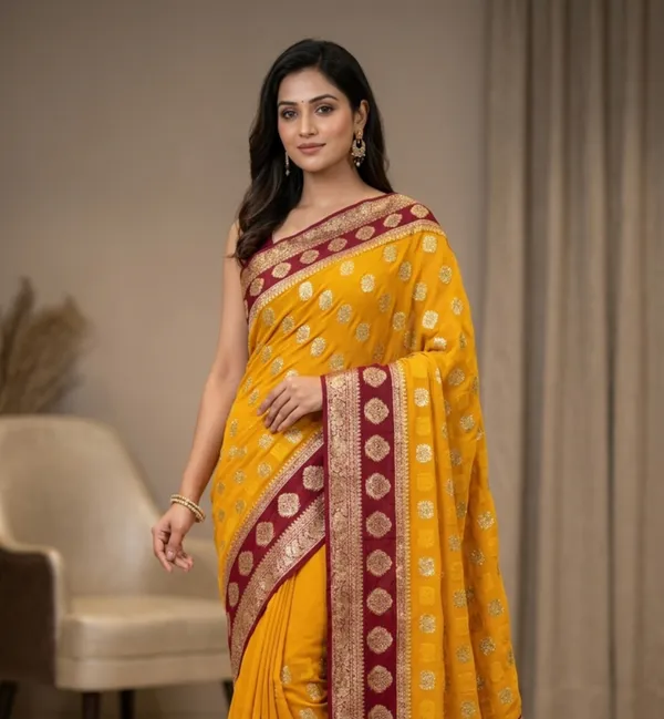 Yellow_Banarasi_Silk_Saree_With_Maroon_Border_And_Golden_Motifs