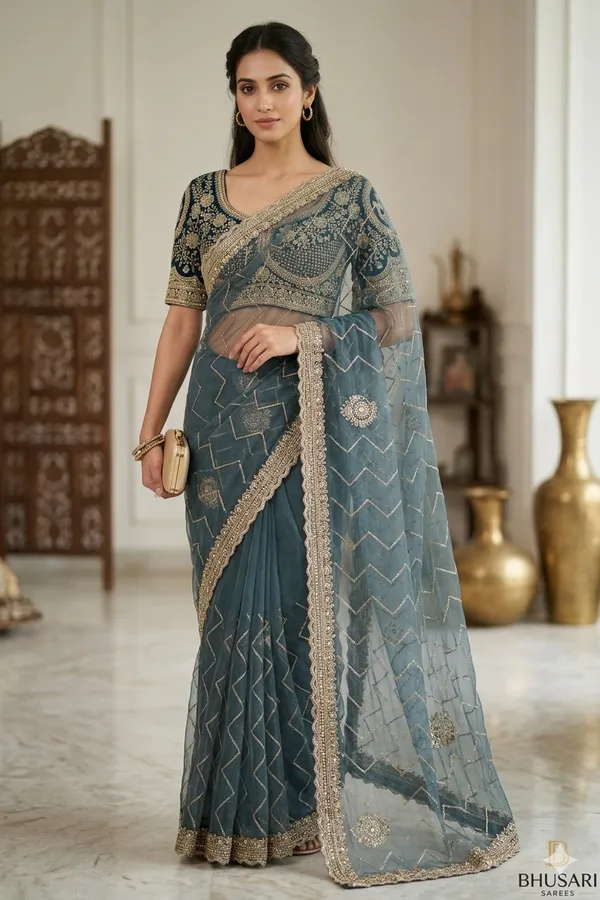 Grey_Embellished_Saree_With_Heavily_Embroidered_Blouse