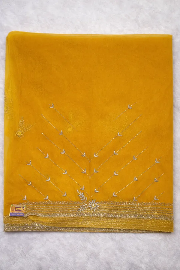 Yellow_Embellished_Organza_Saree_With_Golden_Border_And_Floral_Motifs