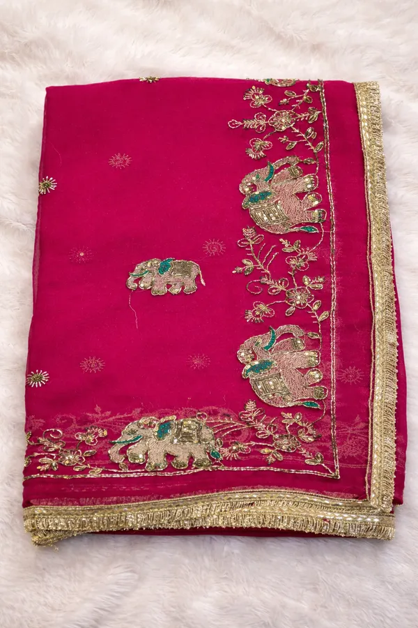 Pink_Embroidered_Elephant_Motif_Saree_With_Blouse
