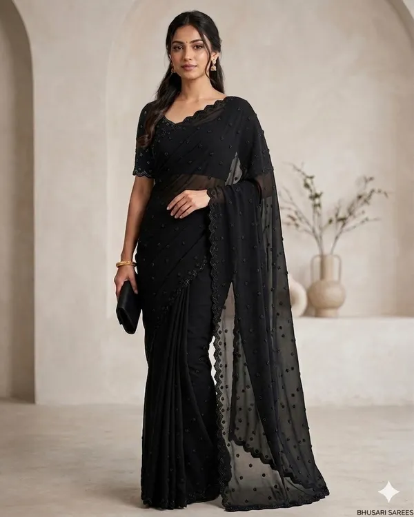 Black_Embellished_Chiffon_Saree_With_Kundan_Brooch