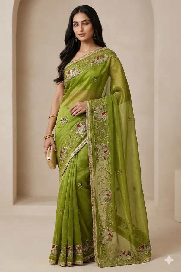 Elegant_Olive_Green_Embroidered_Silk_Saree_With_Golden_Zari_Work