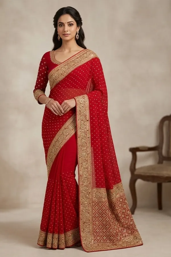 Red_Georgette_Sequin_Work_Saree_With_Golden_Zari_Border