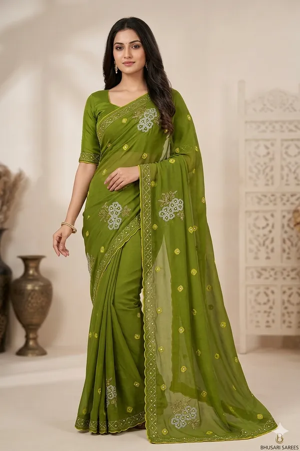 Olive_Green_Embroidered_Chiffon_Saree_With_Floral_Sequin_Work