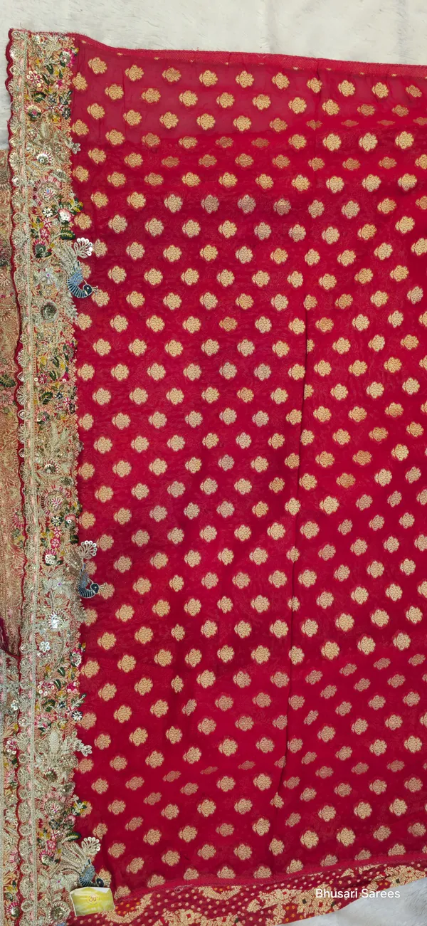 Red_Banarasi_Silk_Saree_With_Golden_Buti_Work_And_Embellished_Border