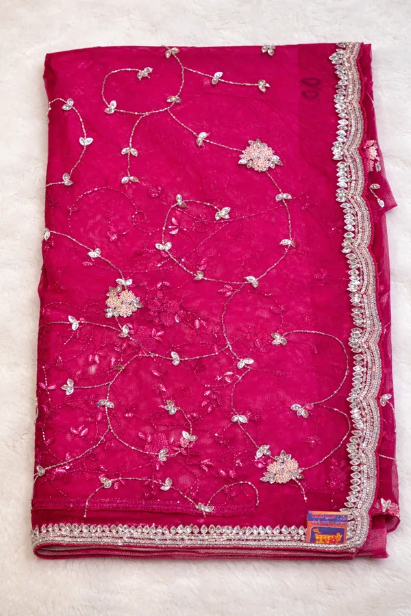 Red_Chiffon_Saree_With_Golden_Embroidery_And_Floral_Motifs