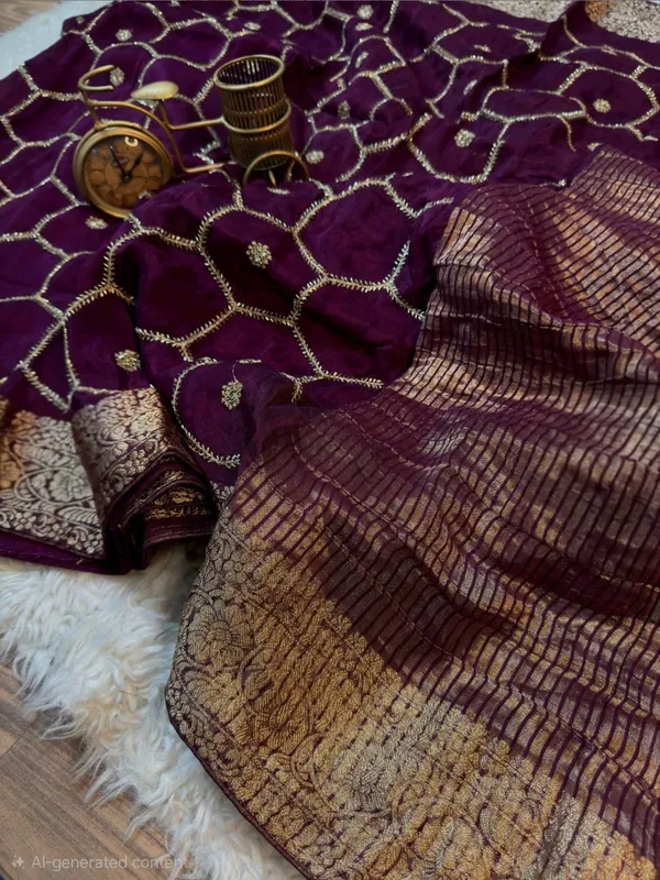 Purple_Georgette_Saree_With_Golden_Embroidery_Work_And_Border