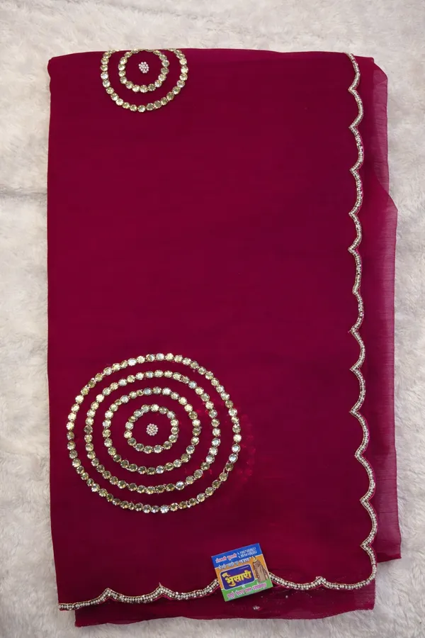 Maroon_Georgette_Saree_With_Sequin_Circle_Embroidery_And_Scalloped_Border