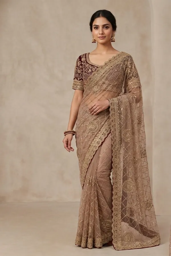 Designer_Embroidered_Saree_Blouse_With_Matching_Fabric_Maroon_And_Peach_Ethnic_Set