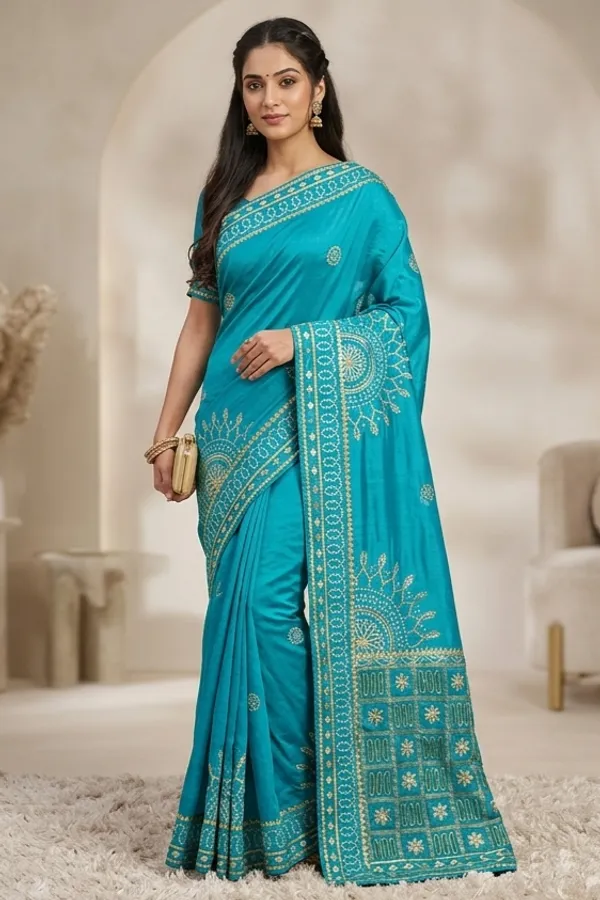 Turquoise_Blue_Bandhani_Saree_With_Golden_Embroidery_And_Border